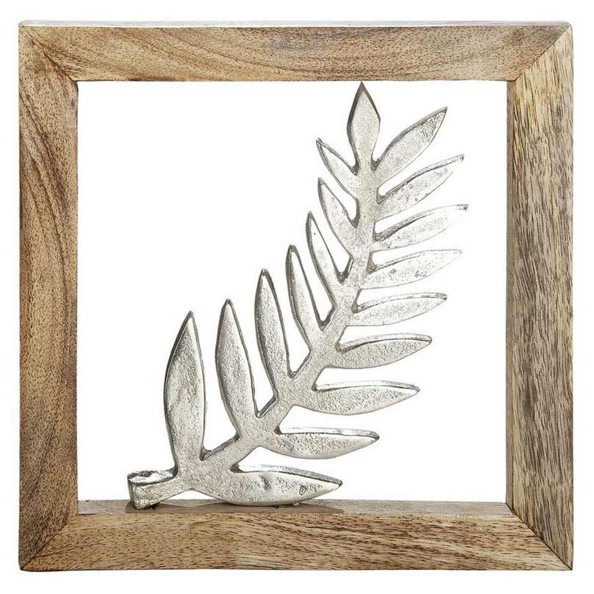 Holzrahmen mit silbernem Farn Blatt 20x20cm | Wanddeko Blatt